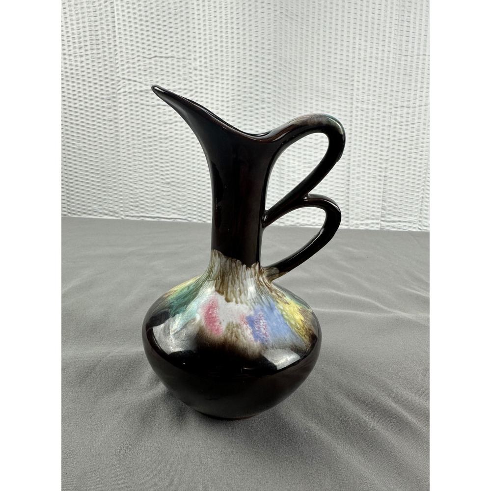 Sonsco Japan Redware Ceramic Pitcher Vase Brown Multi Color Drip Glaze VTG
